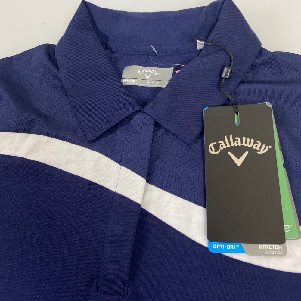 Callaway Womens Golf Polo Shirt Medium M Opti-Dri Stretch‎ Navy White Stripe NEW